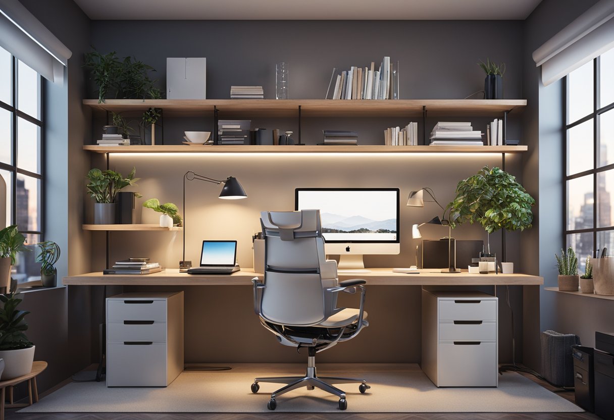 A modern 3D interior design studio with computer, desk, chair, and bookshelf. Bright lighting and clean, organized space