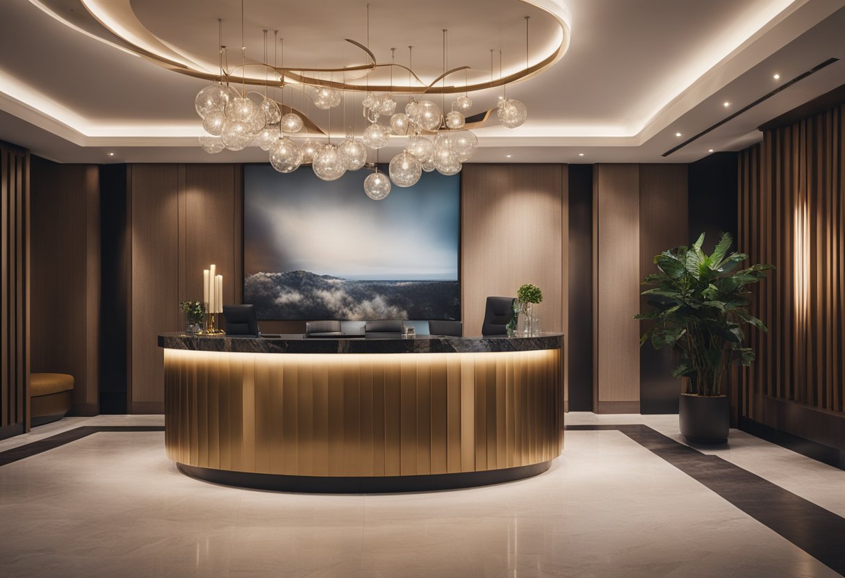 A chic boutique hotel lobby with modern furniture, soft lighting, and a cozy fireplace. A sleek reception desk and a wall adorned with vibrant artwork