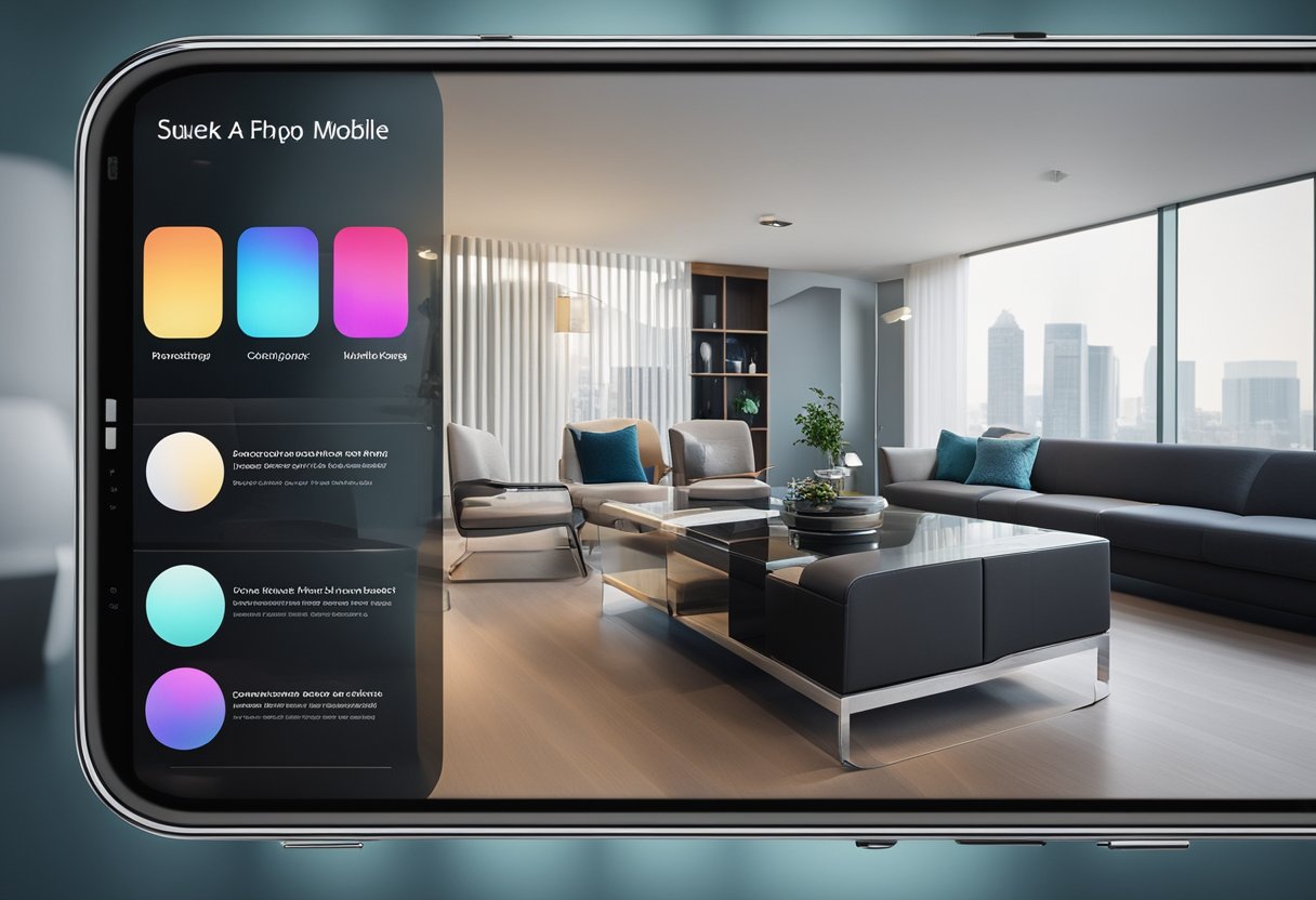 A sleek, modern mobile app interface with vibrant color swatches, furniture images, and room layouts displayed on a digital screen