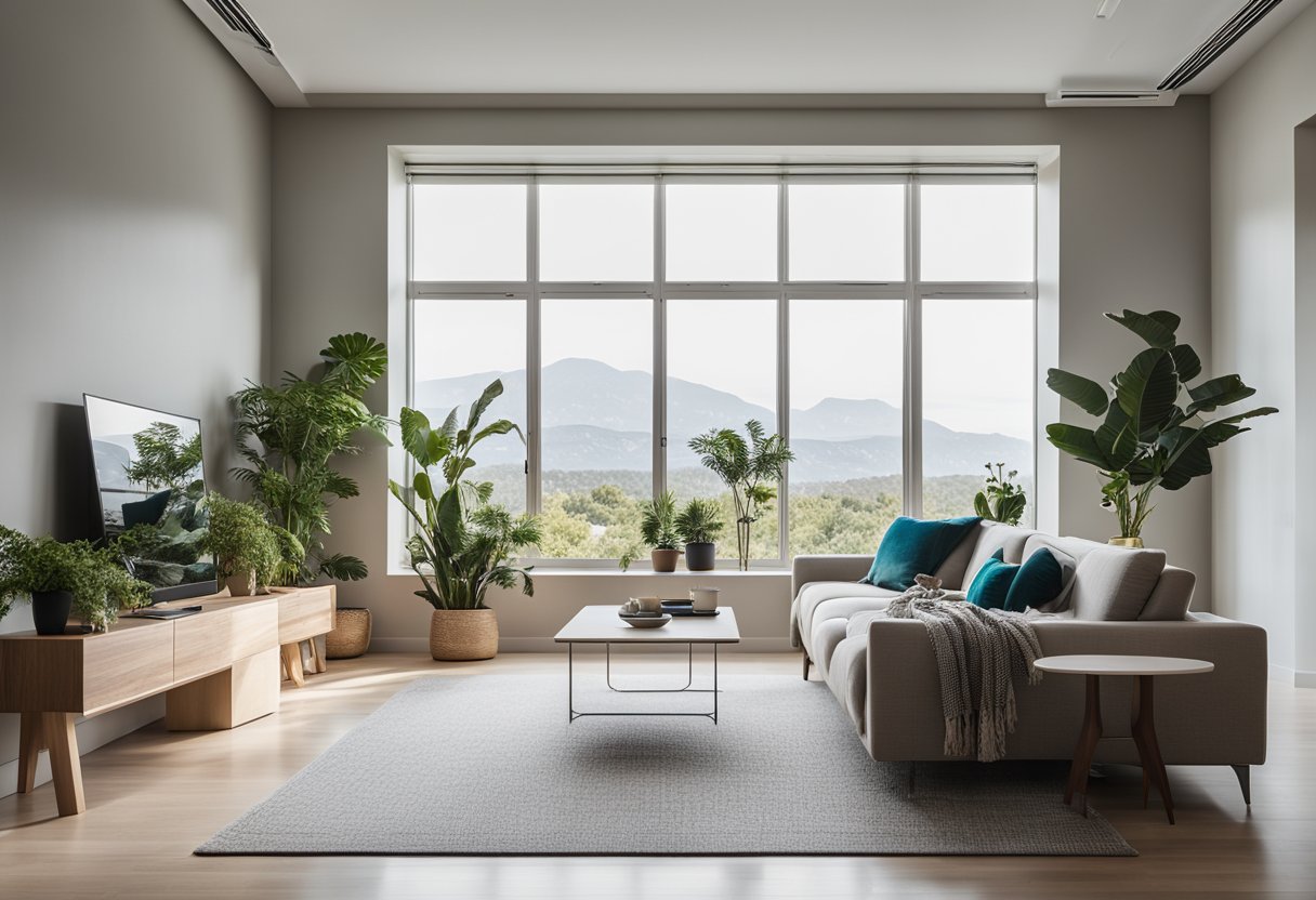 A room with a sleek, modern design, featuring clean lines, minimalist furniture, and pops of color. A large window allows natural light to fill the space, while plants and artwork add a touch of warmth and personality