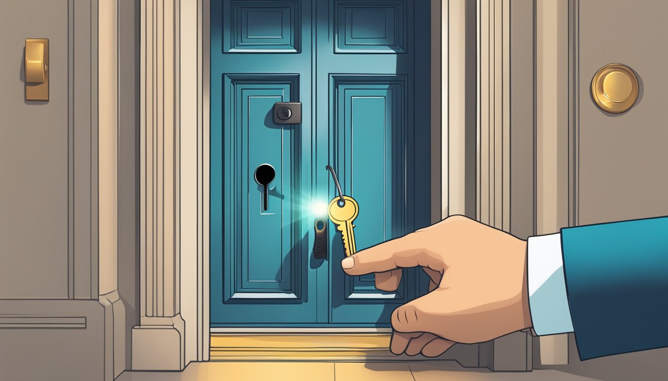A hand reaches for a key to unlock a door labeled "Easy RHB Personal Loan," with a beam of light shining through the keyhole