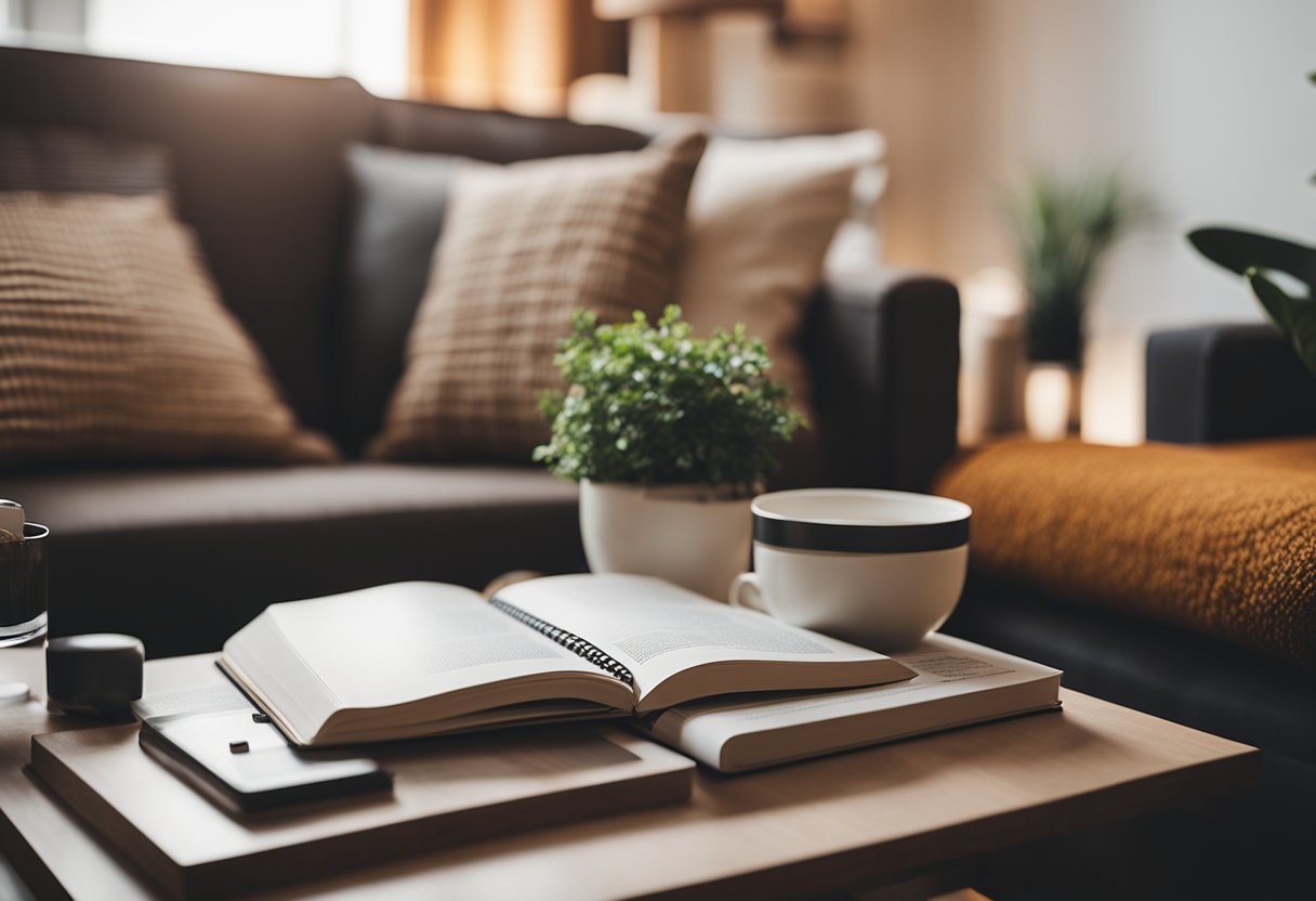 A cozy living room with a stack of design magazines and a notebook filled with interior design questions. A warm color palette and comfortable furniture create a welcoming atmosphere