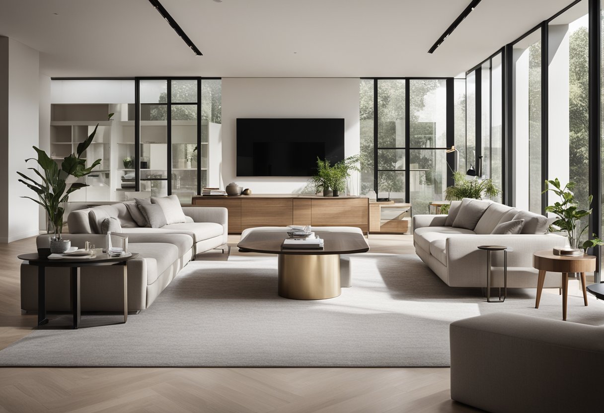 A sleek, open-plan living area with clean lines, neutral colors, and minimal furniture. Large windows let in natural light, showcasing the simple and uncluttered design