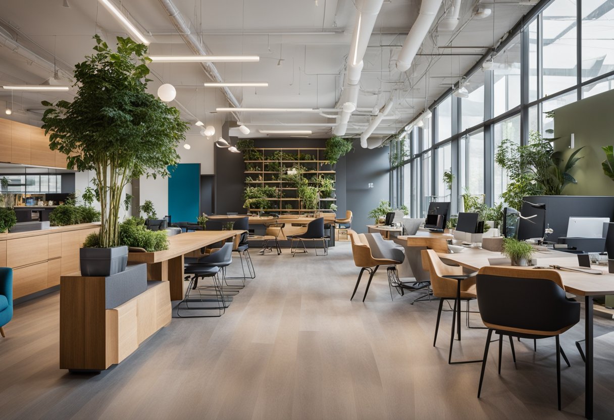 A modern commercial space with open floor plan, natural light, minimalist furniture, and pops of color in the decor. Trendy elements include biophilic design, sustainable materials, and flexible work areas