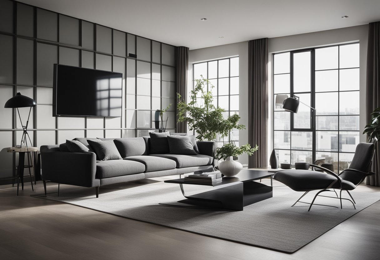 A sleek, monochromatic living room with clean lines, minimal furniture, and plenty of natural light streaming through large windows