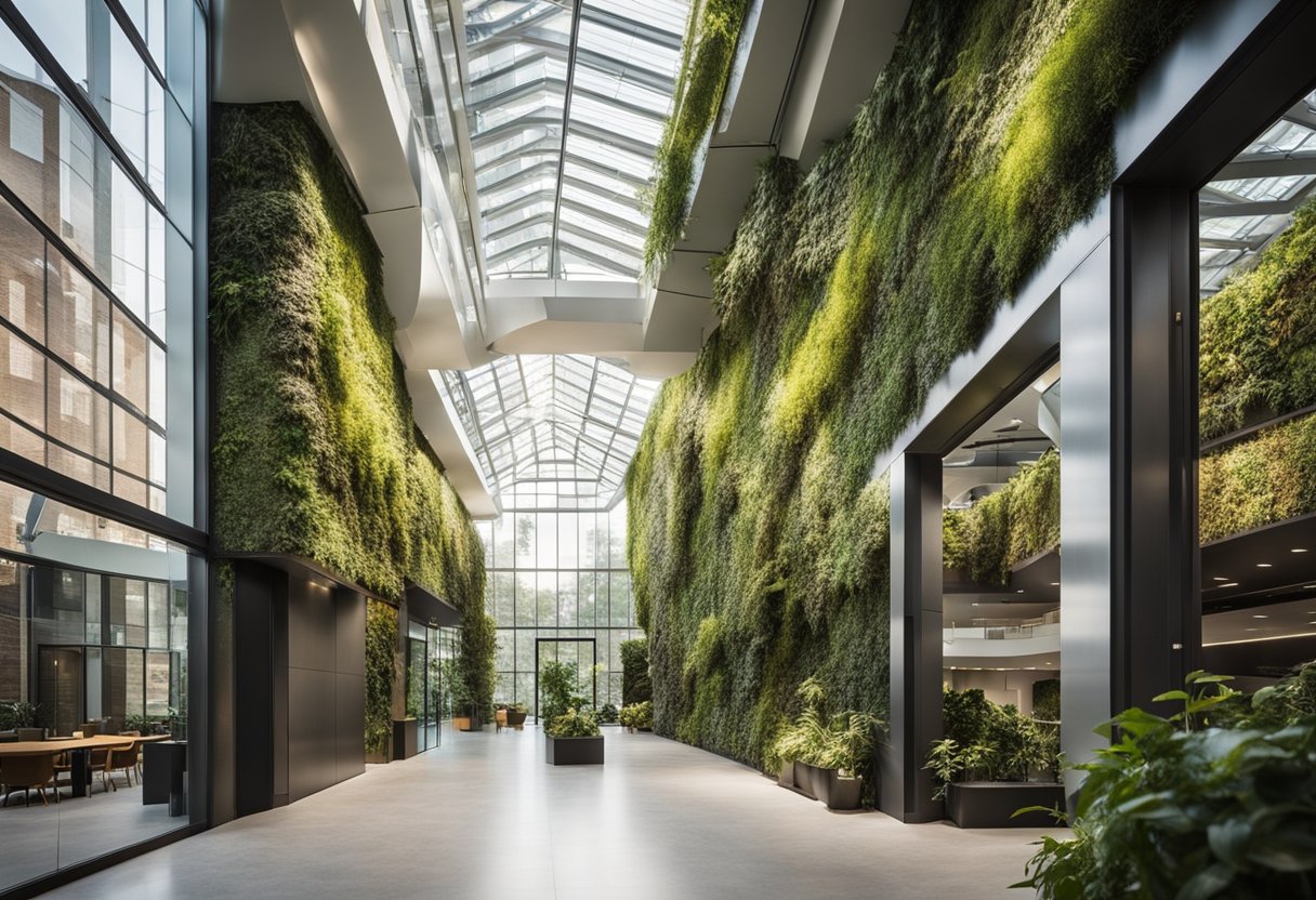 The commercial space features abundant natural light, living green walls, and recycled materials. A central atrium with a skylight creates a connection to nature