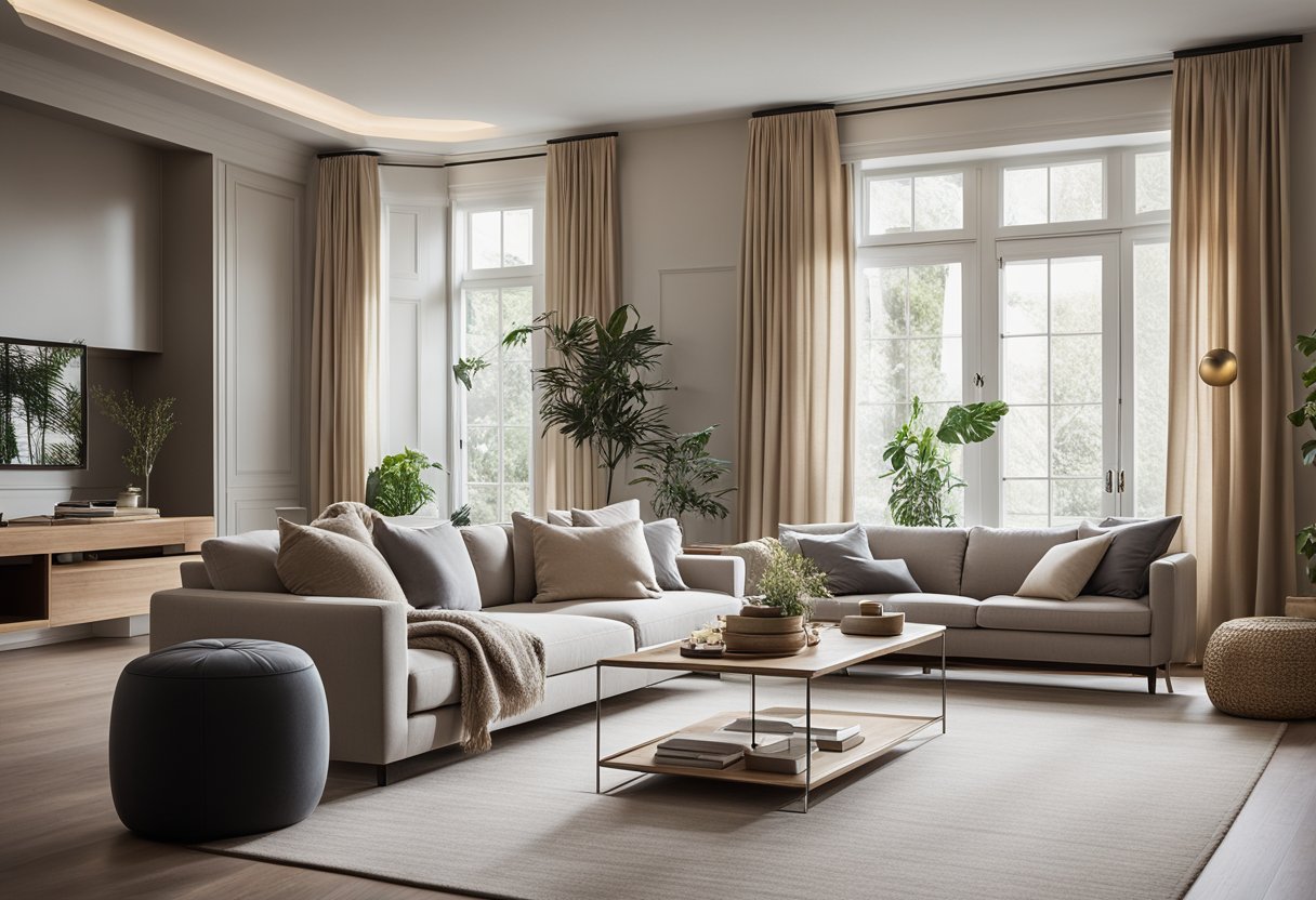 A cozy living room with neutral tones, plush seating, and minimalist decor. A large window lets in natural light, illuminating the room's serene ambiance