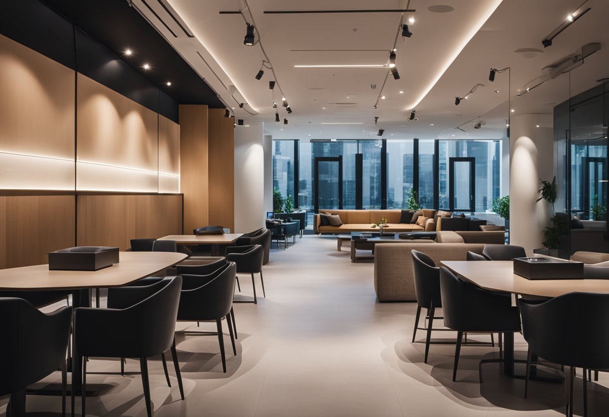 A modern commercial interior with sleek furniture, soft lighting, and innovative design elements for a comfortable and aesthetically pleasing space