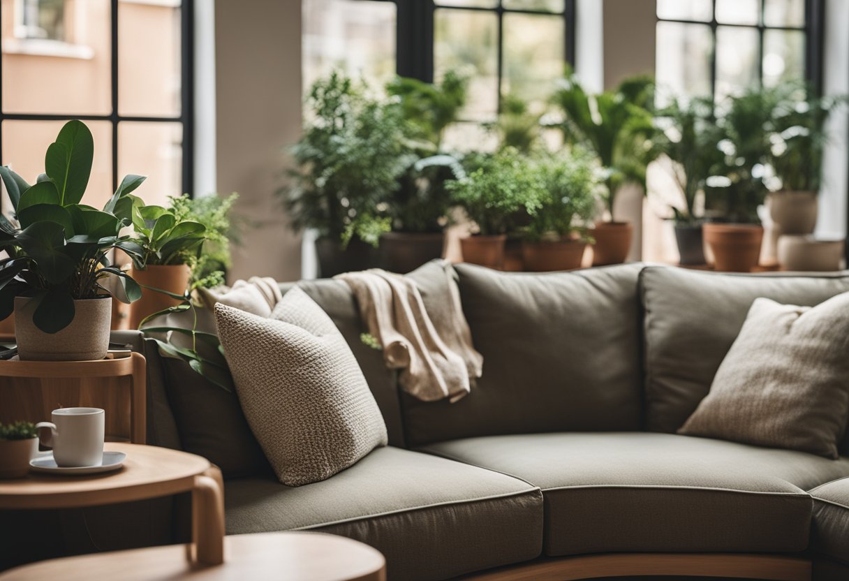 A cozy living room with large windows, natural light, and potted plants. A comfortable sofa and earthy color palette create a warm, inviting atmosphere
