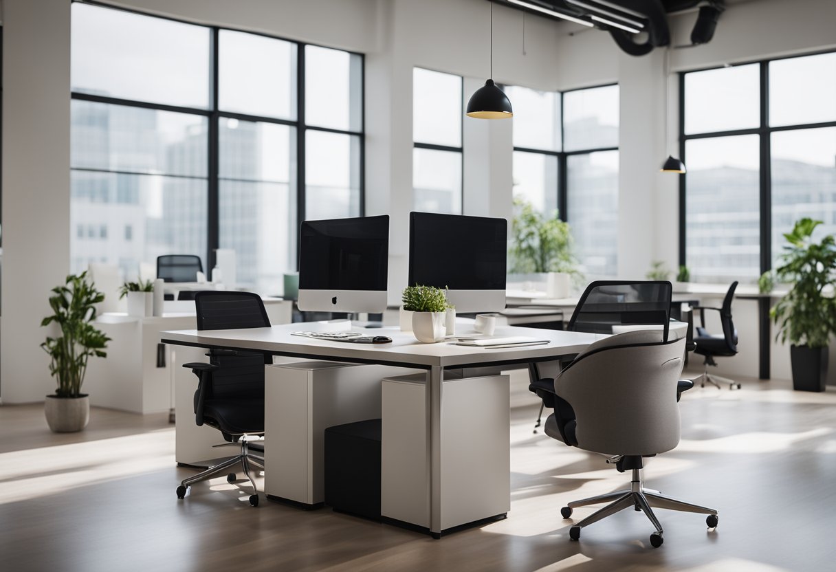 A modern, minimalist office space with sleek furniture, pops of color, and plenty of natural light. Clean lines and open spaces create a sense of sophistication and professionalism