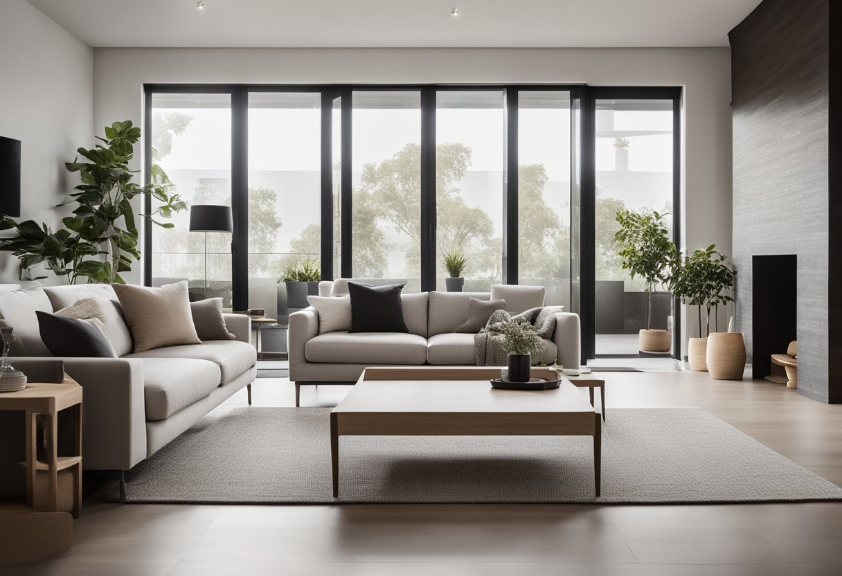 A sleek, open-concept living room with clean lines, neutral colors, and minimal furniture. Large windows flood the space with natural light, creating a serene and uncluttered environment