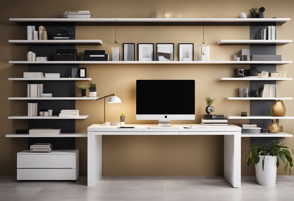 A spacious, well-lit room with modern furniture and vibrant decor. A sleek desk and shelves display design samples and tools