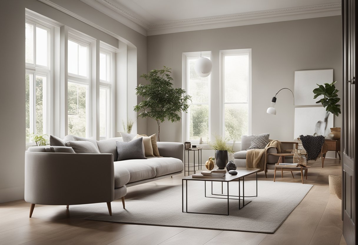 A sleek, uncluttered living room with clean lines, neutral colors, and minimal furniture. A large window lets in natural light, illuminating the space