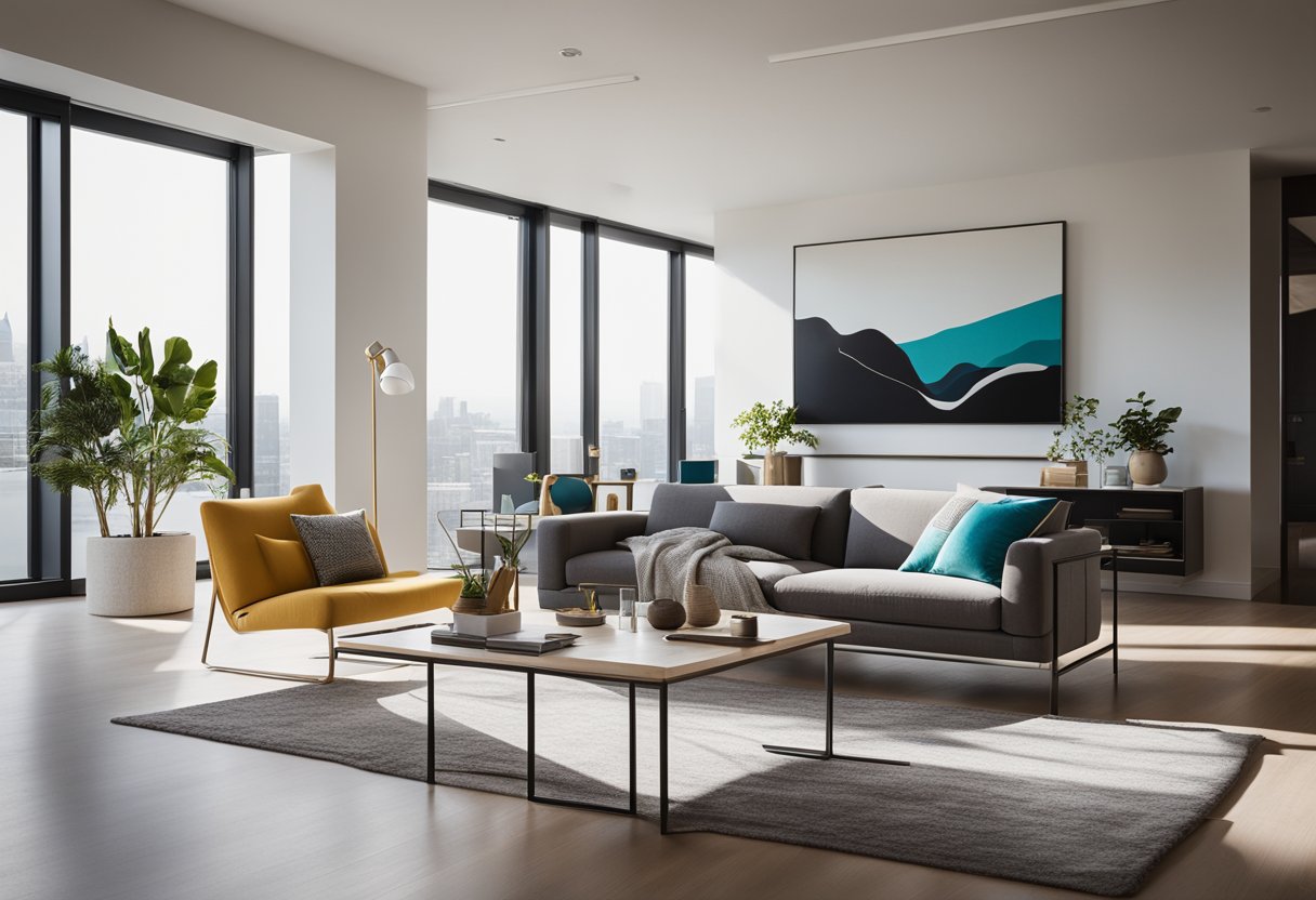 A modern living room with sleek furniture, clean lines, and pops of color. Large windows let in natural light, illuminating the space