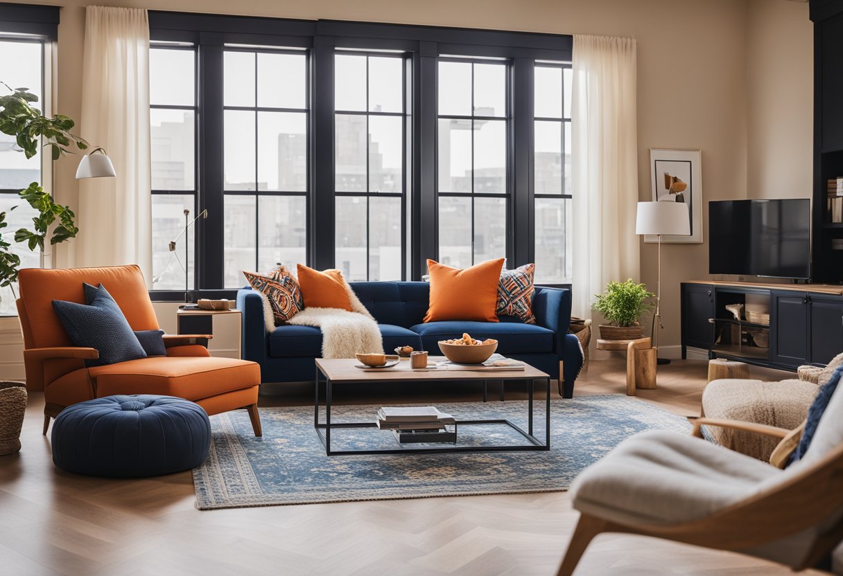 A cozy living room with warm beige walls, accented by a bold navy blue couch and vibrant orange throw pillows. A large window lets in natural light, casting a warm glow over the room