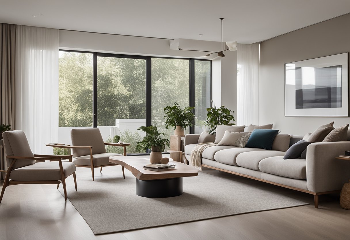 A spacious living room with clean lines, minimalistic furniture, and neutral color palette. Large windows allow natural light to flood the room, creating a sense of openness and tranquility