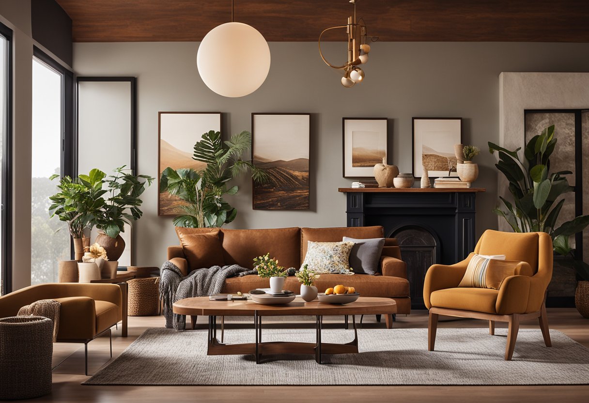 A cozy living room with warm earth tones, accented with pops of vibrant colors. A mix of natural materials and textures add depth and interest to the space