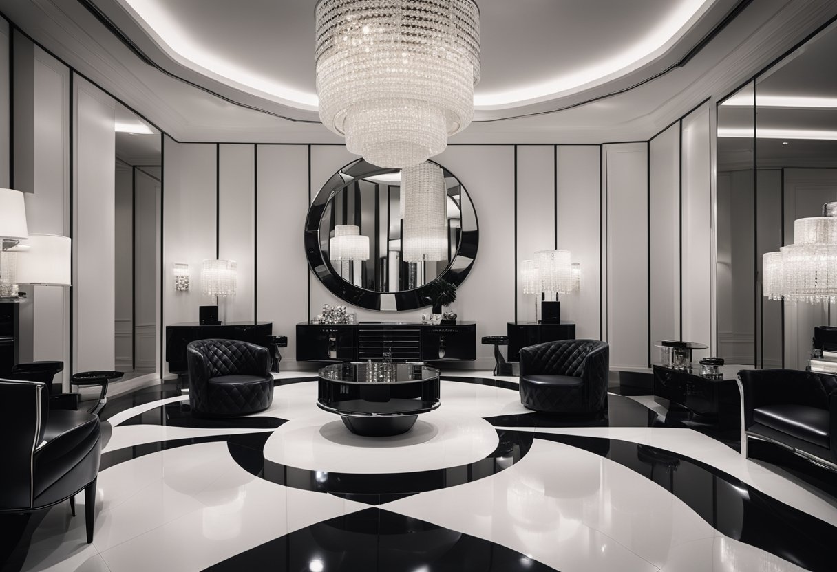 A luxurious Chanel interior with sleek black and white furniture, mirrored surfaces, and iconic quilted patterns