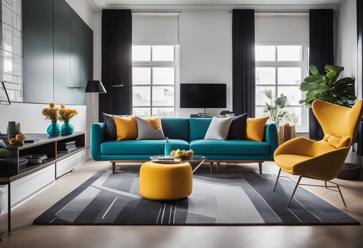 A sleek, minimalist living room with bold geometric furniture, vibrant pops of color, and cutting-edge technology integrated seamlessly into the space