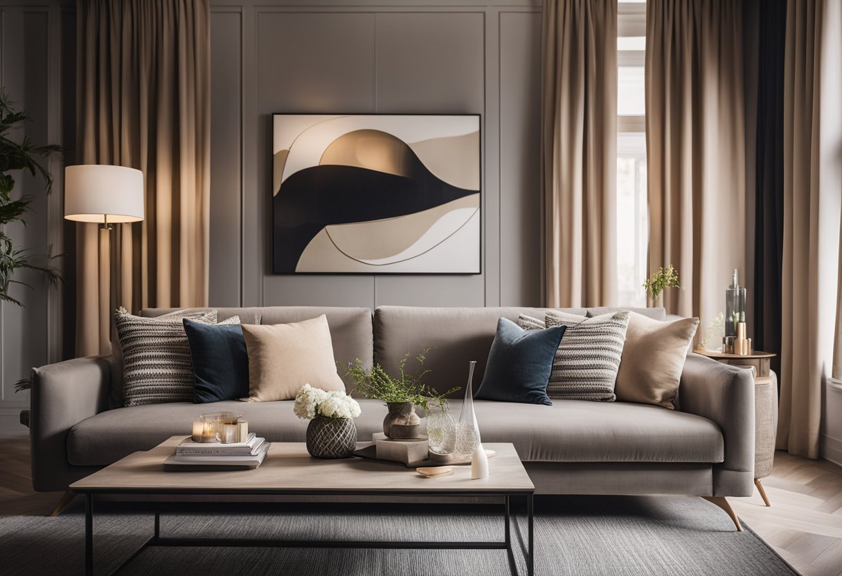 A cozy living room with a plush sofa, elegant curtains, and a stylish coffee table. The room is adorned with modern artwork and soft lighting, creating a warm and inviting atmosphere