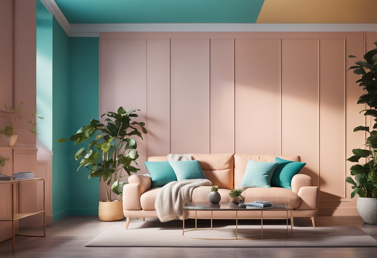 Vibrant hues spread across rooms, from bold accent walls to soft pastel furnishings, creating a harmonious and inviting home interior