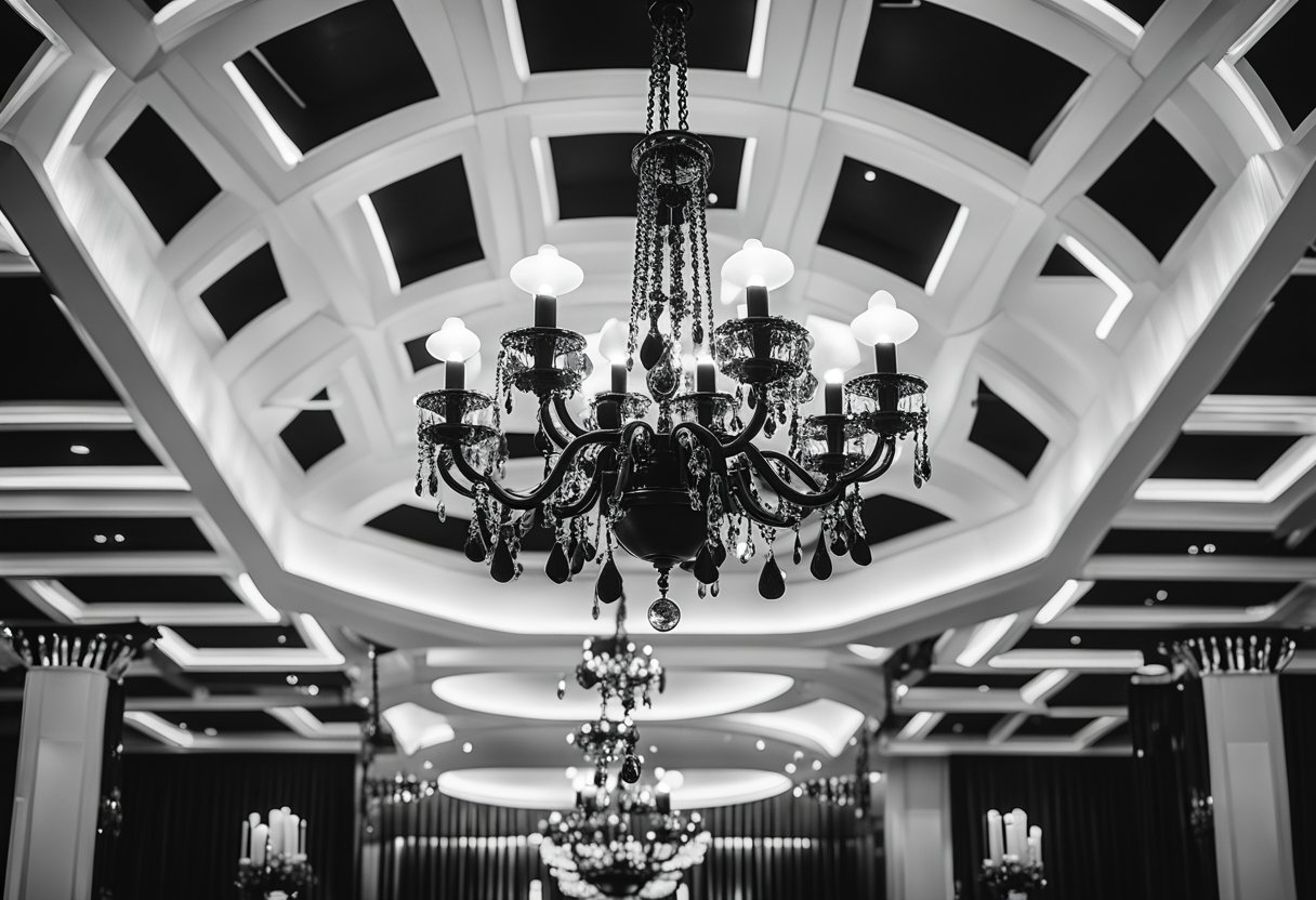 Luxurious chandeliers illuminate sleek black and white furnishings, while mirrored surfaces reflect classic Chanel logos and delicate camellia flowers