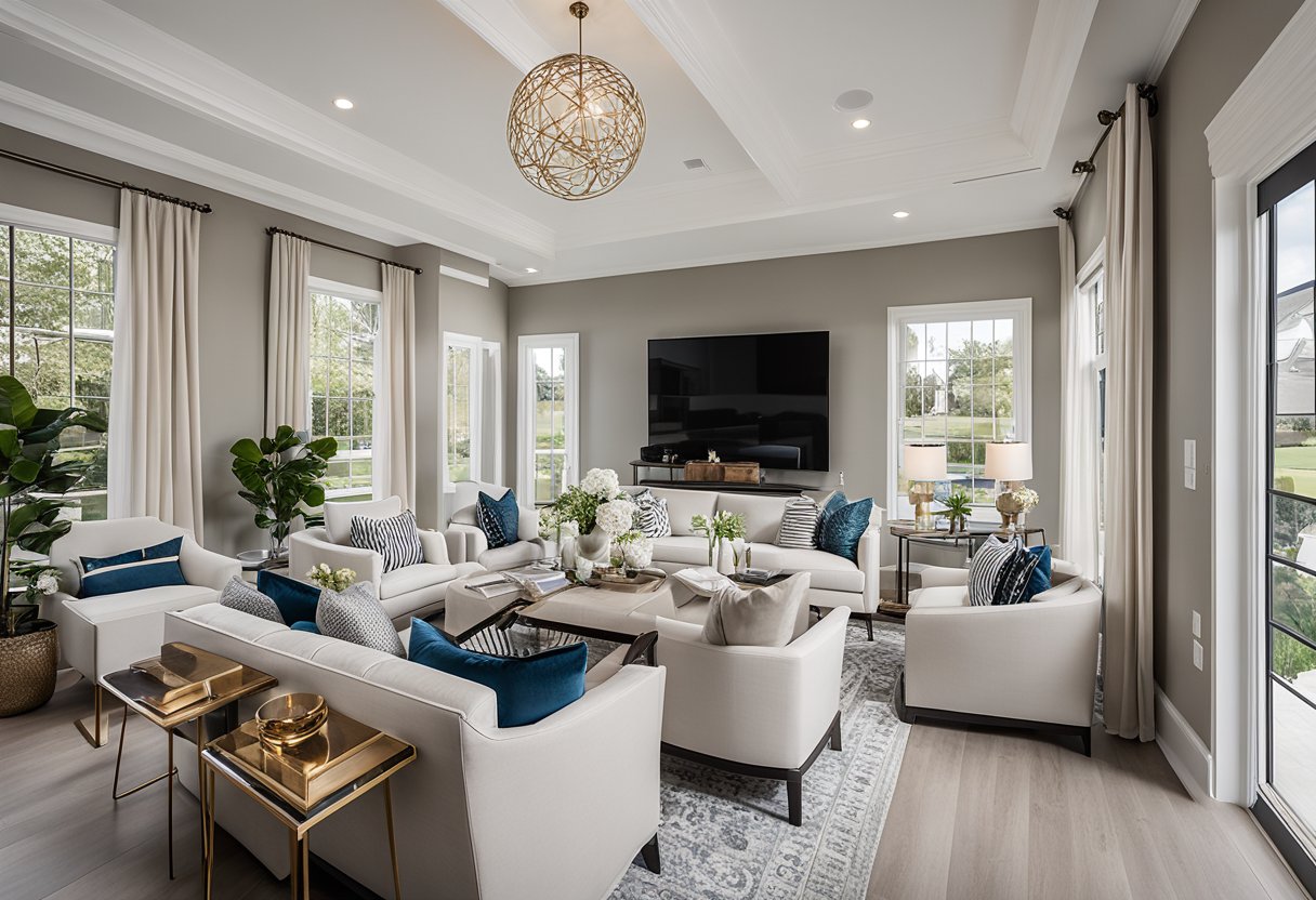 The Bella Model House interior features modern furniture, a neutral color palette, and large windows, creating a bright and inviting space