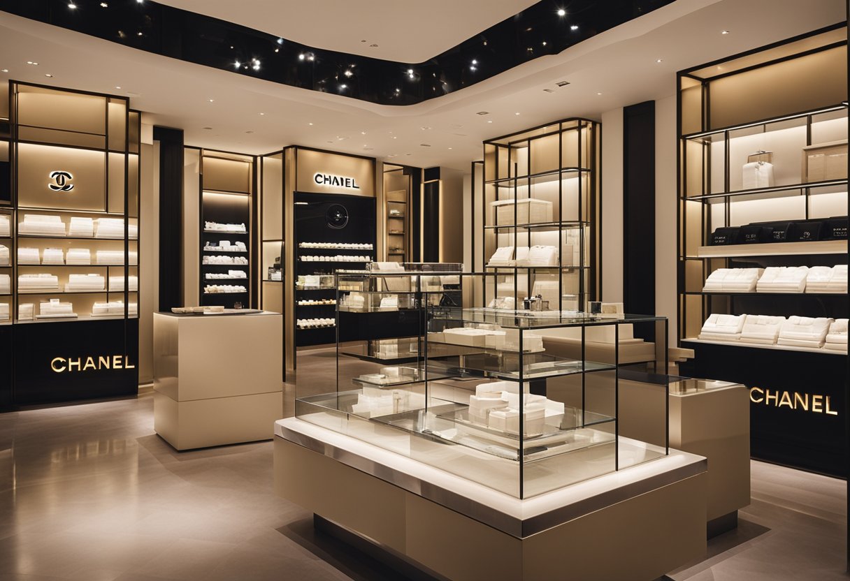 Elegant Chanel boutique interior features sleek lines, soft lighting, and luxurious materials, creating an atmosphere of architectural mastery