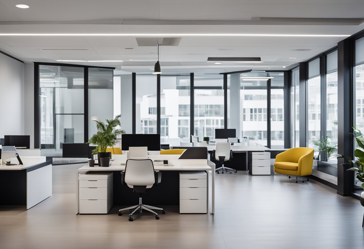 A modern, minimalist office space with sleek furniture and bold accent colors. Clean lines and open spaces create a sense of sophistication and functionality