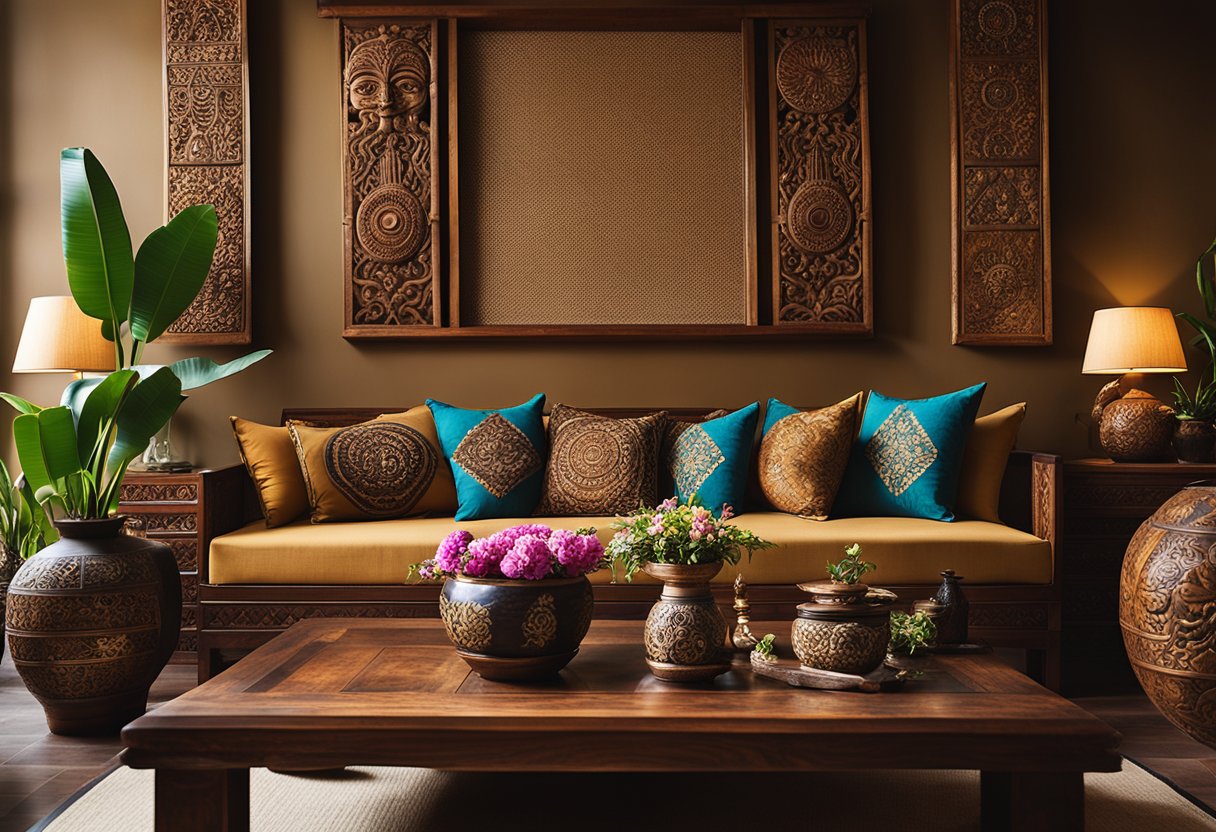 A Balinese interior with rich, earthy tones, intricate wood carvings, and traditional batik textiles. A low, teak table adorned with fresh flowers, surrounded by floor cushions. Traditional Balinese masks and artwork adorn the walls