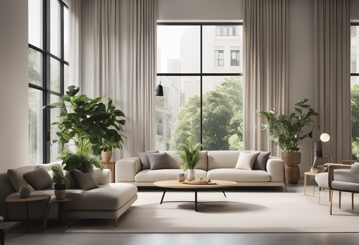 A modern, minimalist interior with sleek furniture, clean lines, and a neutral color palette. Large windows let in natural light, and potted plants add a touch of greenery