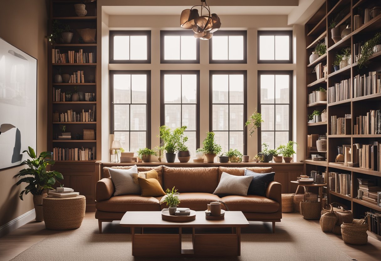 A cozy living room with warm, earthy tones on the walls and furniture. A large, comfortable sofa sits in the center, surrounded by shelves filled with books and decorative items. The room is bathed in natural light from the large windows, creating