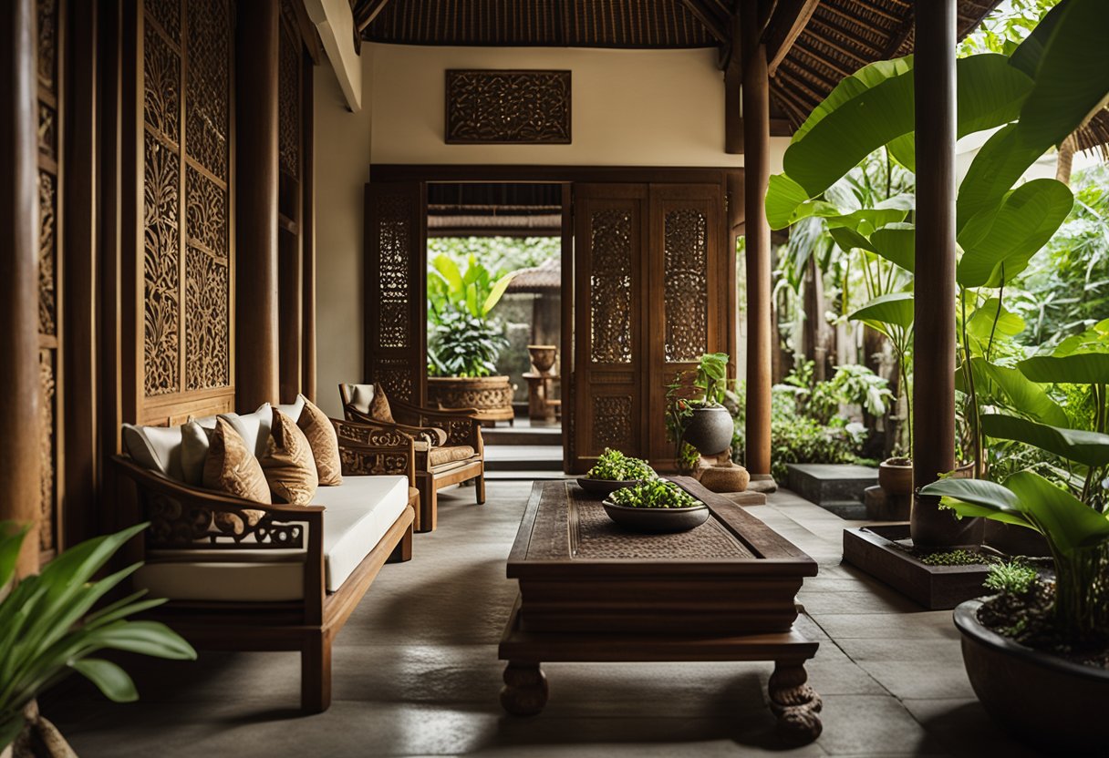 A Balinese interior with low wooden furniture, intricate carvings, and traditional textiles. A central courtyard with a water feature and lush greenery. Warm earthy tones and natural materials create a serene and inviting atmosphere