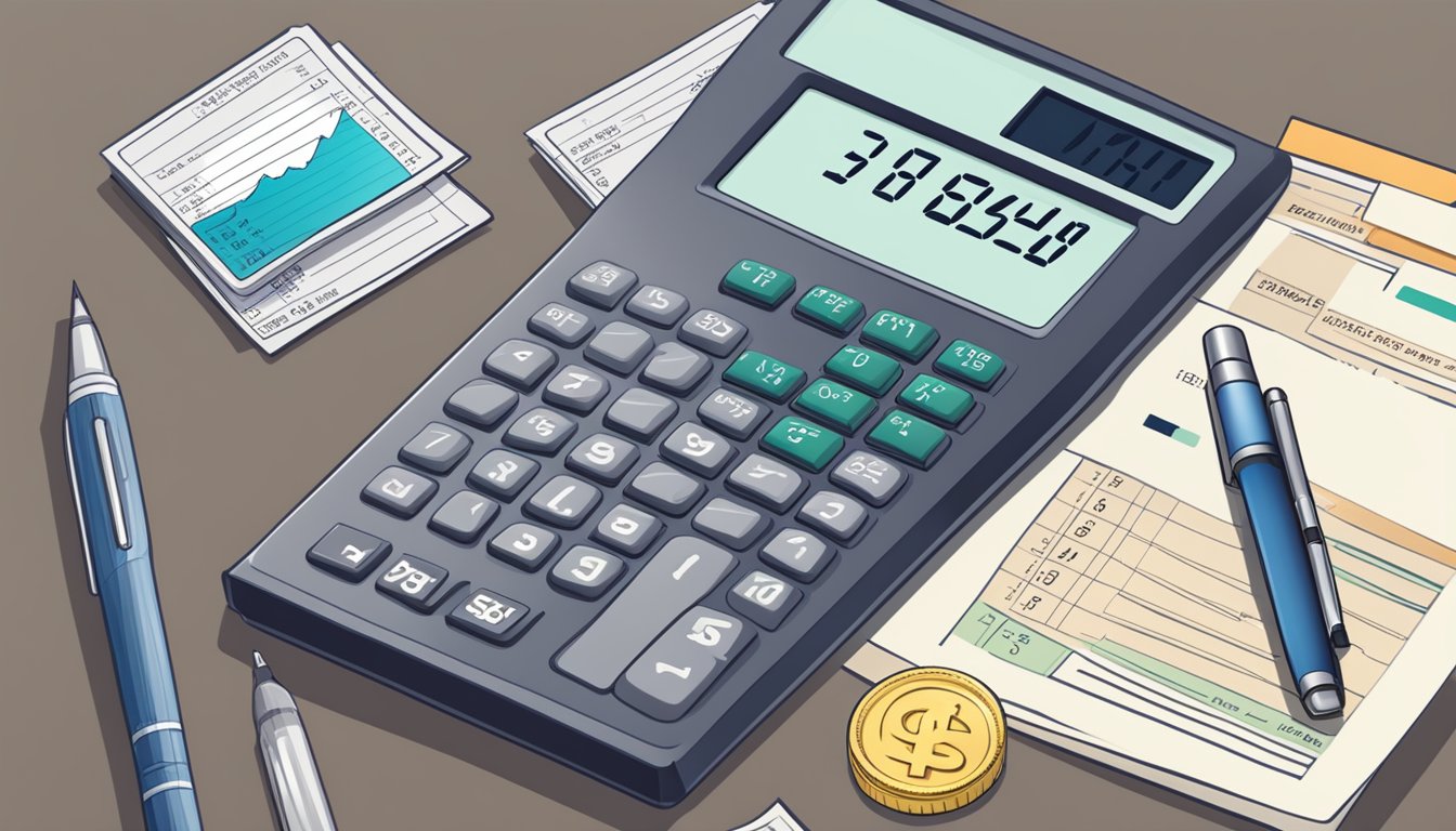 A calculator displaying a personal loan amount with the GST rate highlighted, surrounded by financial documents and a pen