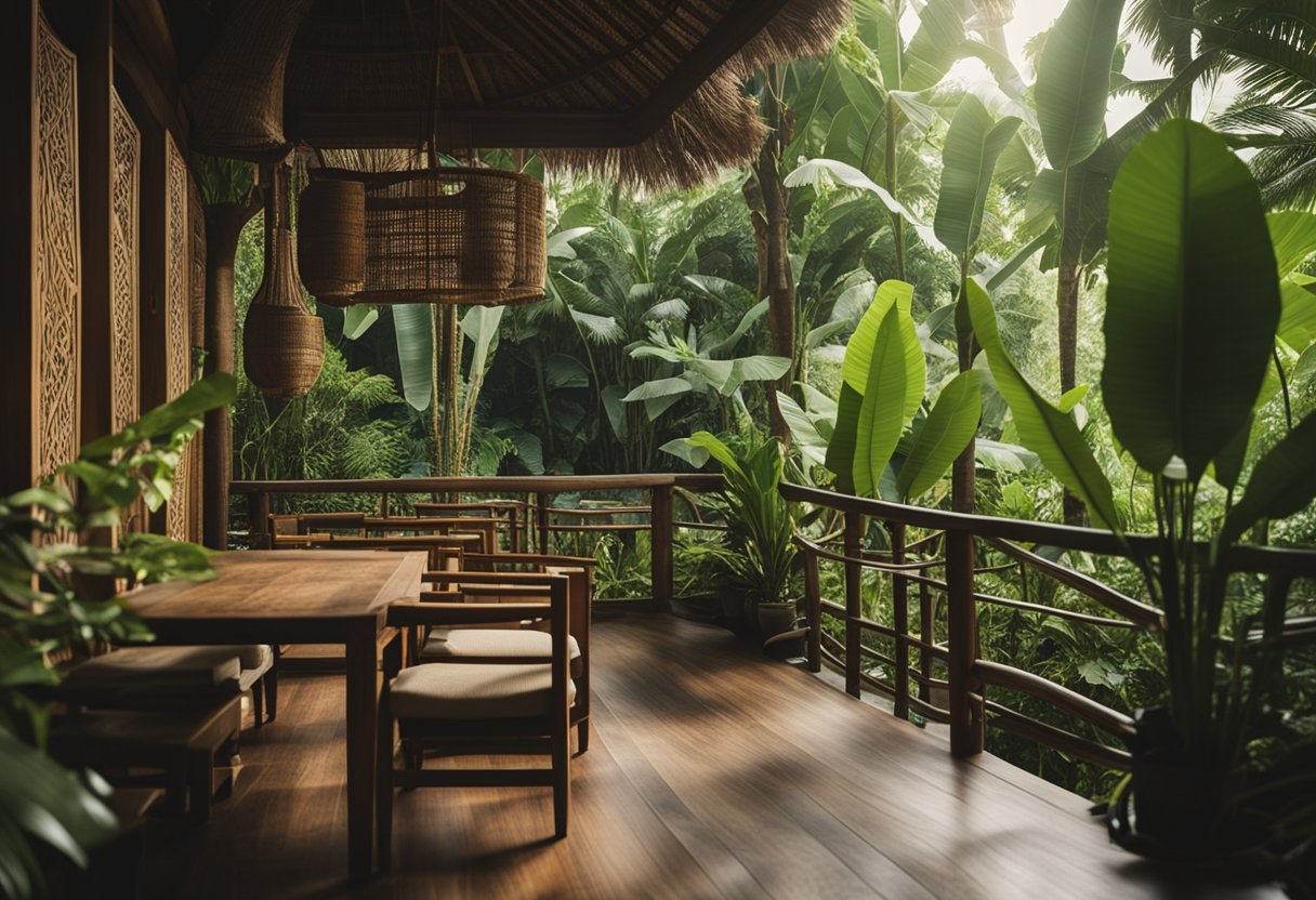 A serene Balinese sanctuary with lush green plants, wooden furniture, and traditional textiles. A tranquil space with soft lighting and natural elements