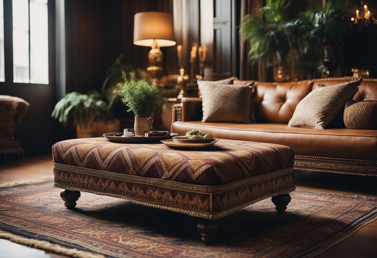 A cozy ottoman interior with ornate rugs, low seating, and intricate woodwork. Rich colors and textiles create a warm and inviting atmosphere