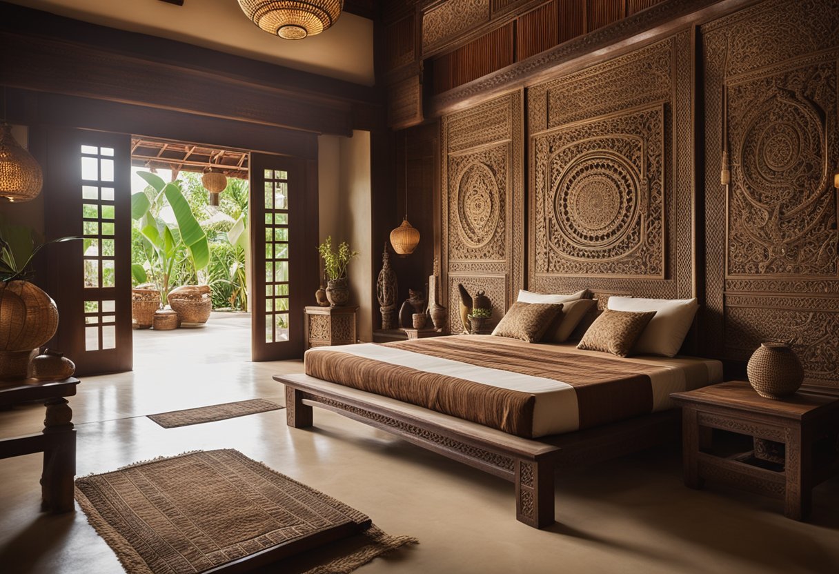 A serene Balinese interior with natural materials, intricate wood carvings, and traditional textiles, creating a harmonious and peaceful ambiance