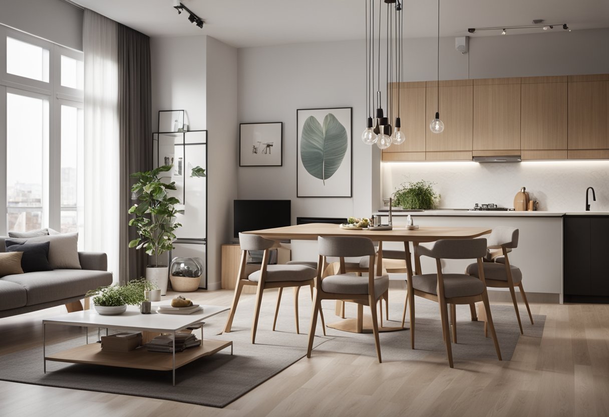 A modern 1000 sq ft apartment with open floor plan, natural light, minimalist furniture, and neutral color scheme