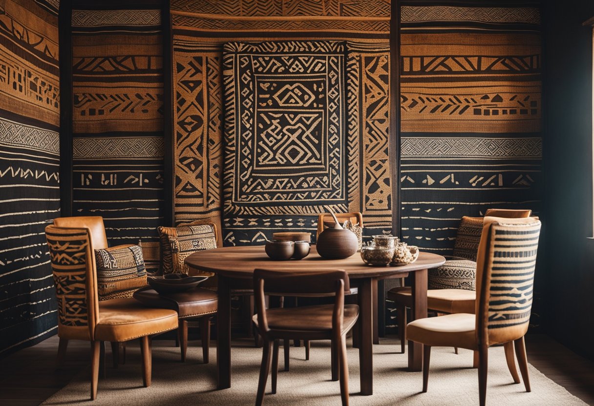 Vibrant African interior with bold patterns, earthy tones, and woven textures. Intricate mud cloth and tribal art adorn the walls. A rustic wooden table is surrounded by woven chairs