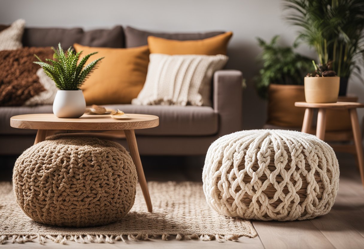 A cozy living room with DIY decor: handmade throw pillows, upcycled coffee table, and hanging macrame planters. Warm colors and natural materials create a welcoming atmosphere