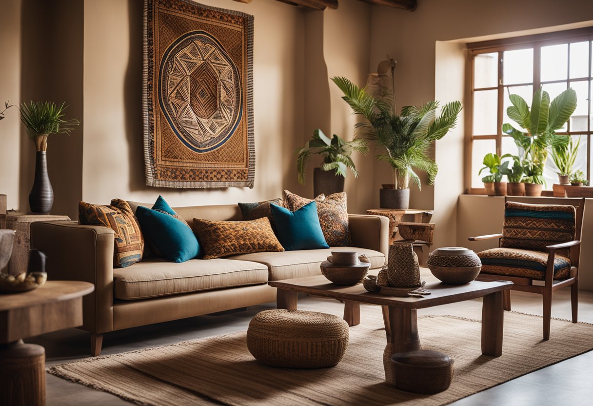 An African-inspired living room with earthy tones, natural materials, and traditional patterns. Large windows let in natural light, showcasing handcrafted furniture and colorful textiles