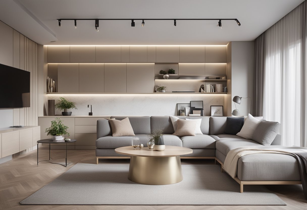 The 1000 sq ft apartment features a minimalist layout with multifunctional furniture, built-in storage solutions, and neutral color palette to create a sense of spaciousness