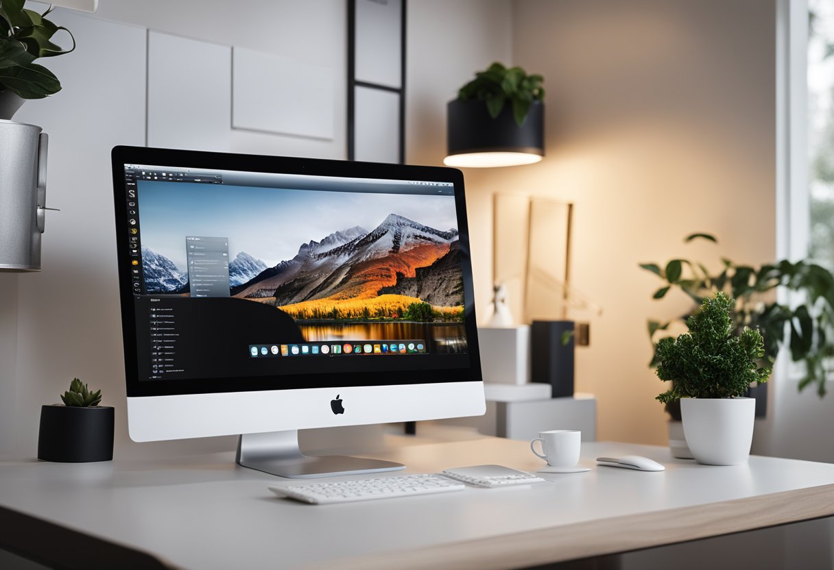 A sleek Mac computer sits on a modern desk with an open interior design software displayed on the screen. The room is filled with natural light and clean, minimalist decor