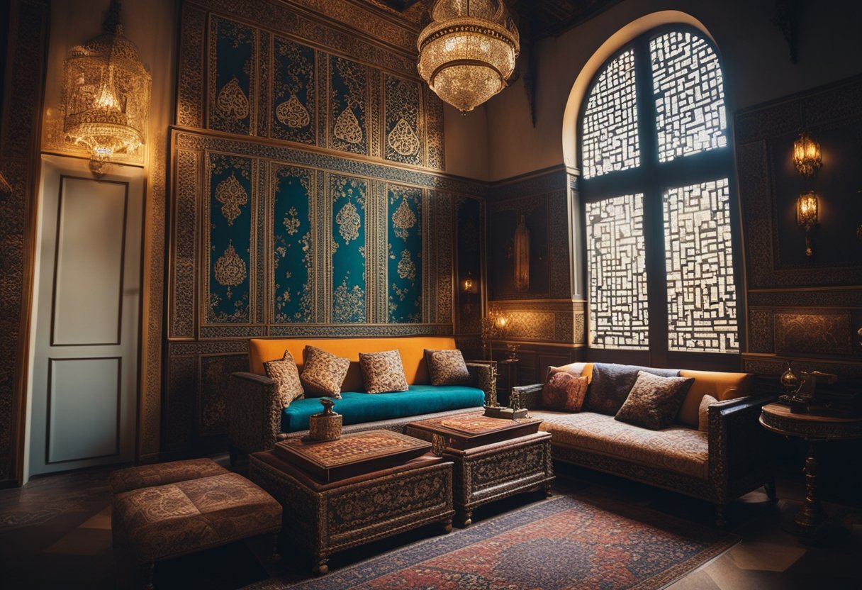 The ottoman interior is adorned with intricate patterns and vibrant colors, featuring ornate furniture and luxurious textiles