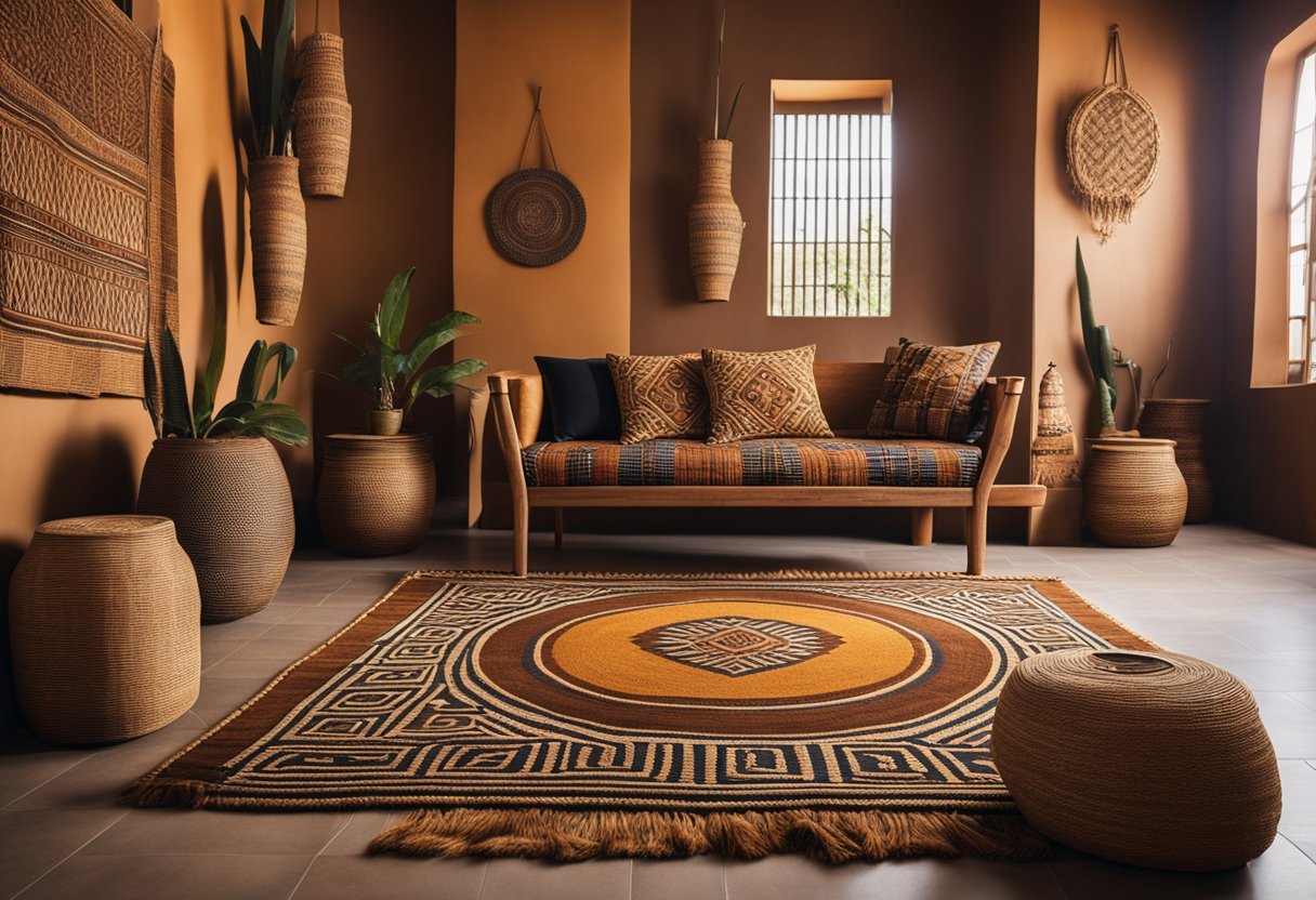 An African-inspired space with warm earthy tones, woven textiles, and wooden furniture. A large, intricately patterned rug anchors the room, while vibrant art and traditional artifacts adorn the walls