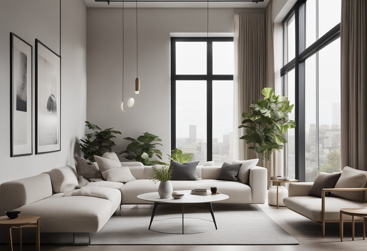 A modern, minimalist interior with clean lines, neutral colors, and natural light pouring in through large windows. Furniture is sleek and functional, with a focus on space and simplicity