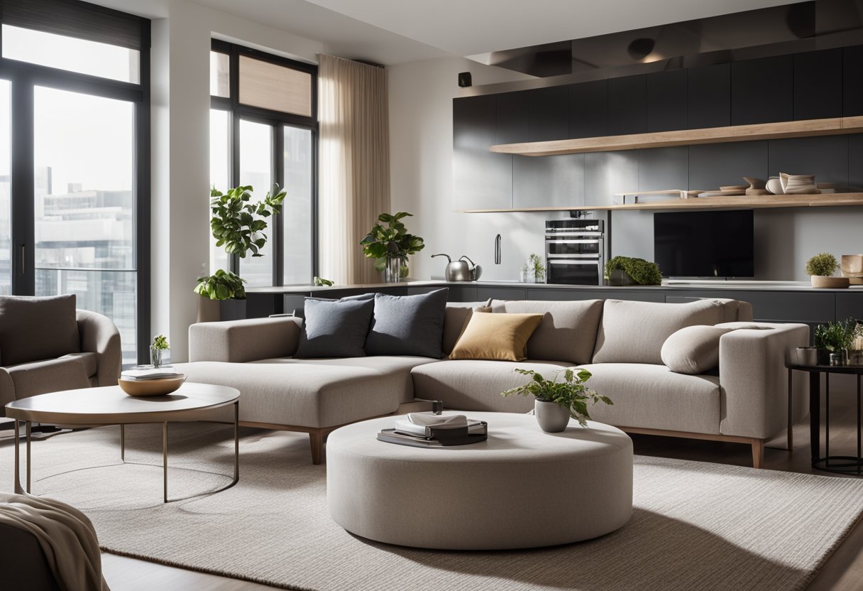 A cozy living room with a plush sectional sofa, a coffee table, and soft area rug. Large windows let in natural light, with sheer curtains for privacy. A modern kitchen with sleek appliances and ample storage
