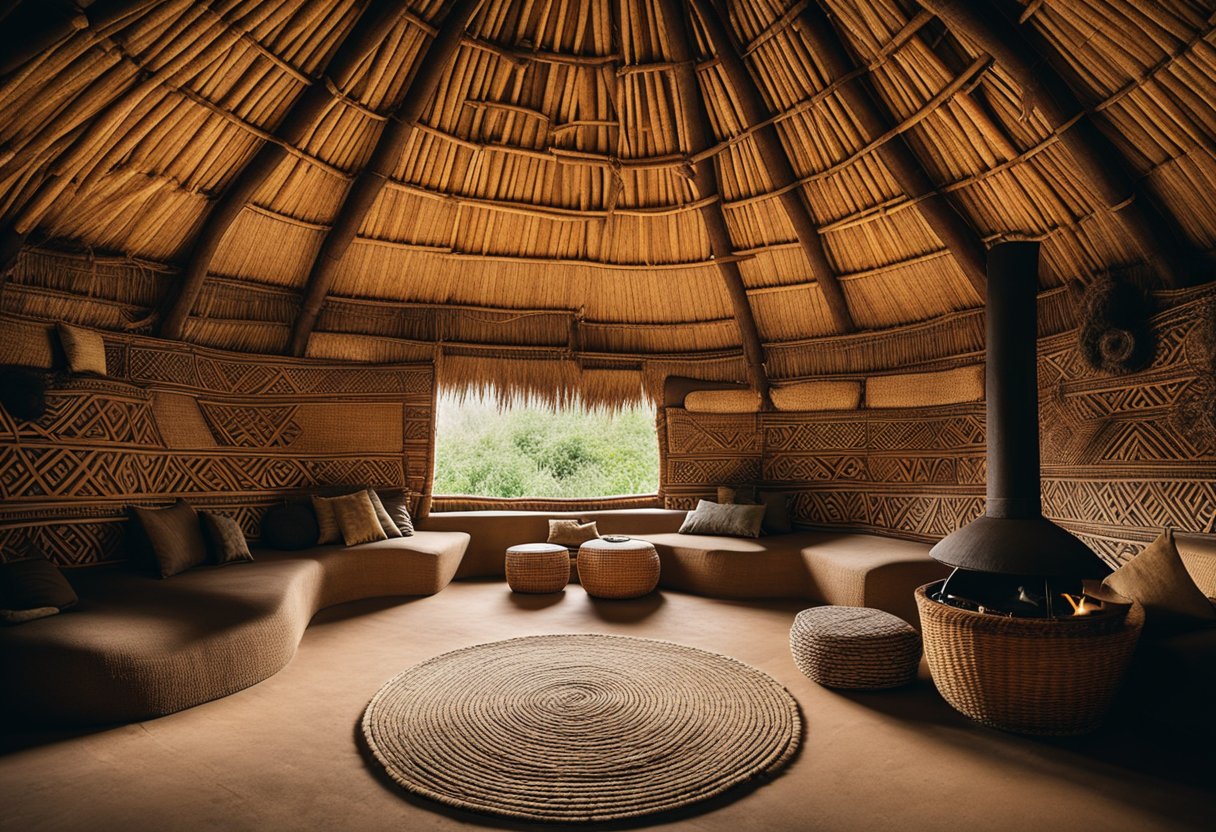 An African-inspired interior with traditional patterns, earthy tones, and natural materials. A thatched roof hut with woven furniture and tribal art
