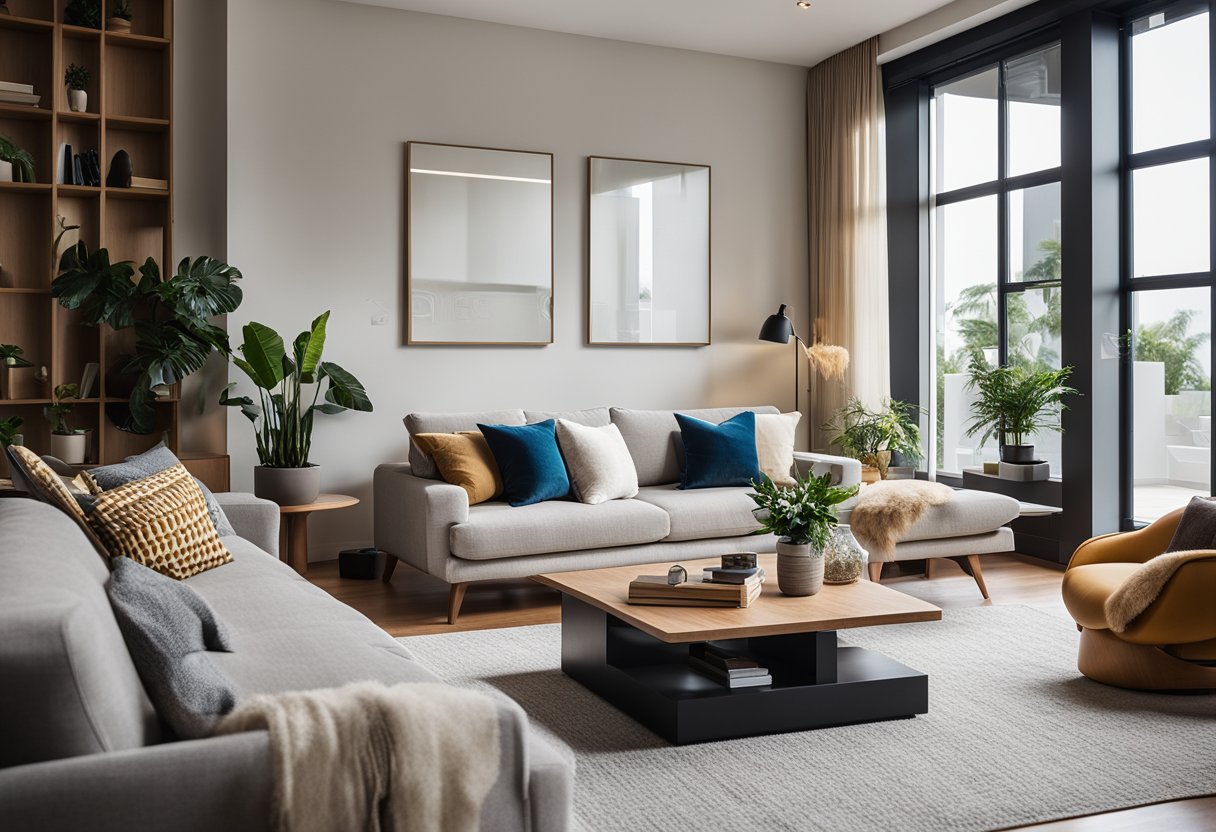 A cozy living room with modern furniture and vibrant accents. A large window lets in natural light, highlighting the sleek design and functional layout