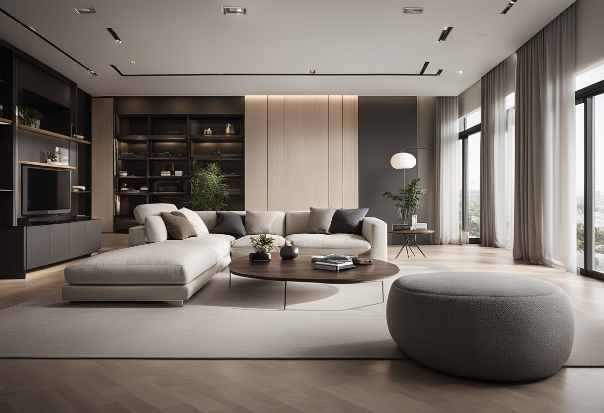 A modern, minimalist interior with clean lines, neutral colors, and strategic lighting. Furniture and decor are sleek and functional, creating a sense of harmony and balance